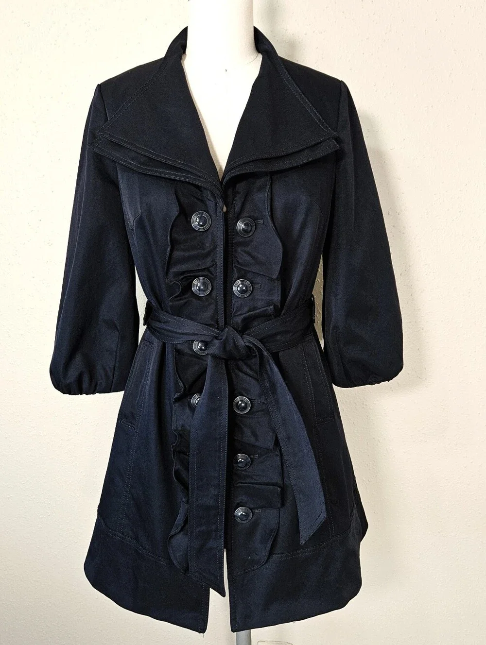 Anthropologie Idra Whimsy Ruffle Belted Trench Coat Navy Blue Size 2